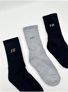 NOTE: This listing is for initials only!Be in comfort whilst still fashionable with our Personalised Embroidered Initial Socks! Crafted with care and attention to detail, these custom monogrammed socks make a thoughtful gift for friends, family, or even yourself.Each pair is meticulously embroidered with your chosen initial, adding a touch of personality to your everyday wear and even on your special day.Our socks are made from premium quality materials, ensuring durability and comfort with every step.Comes in two sizes :(1) S - 4-8 US Mens(2) L - 9-13 US Mens -- Let us know what you want embroidered in the 'Personalisation' section of your order. Recommended for initials only maximum of 4 characters. Please ensure the spelling is correct as we do not take responsibility for any spelling e Affordable White Socks With Letter Print, Employee Outfit, Gifts For Groom, Embroidery For Men, Initial Embroidery, Personalised Socks, Embroidery Men, Fresh Clothes, Embroidered Socks