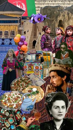 collage of people dressed in traditional costumes and food items, including an afghan flag