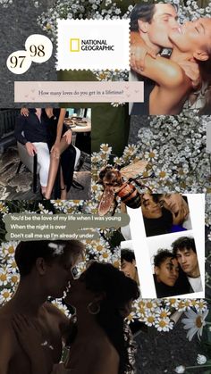 a collage of photos with people kissing and flowers in the foreground, on top of them