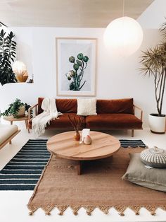 a living room filled with furniture and potted plants