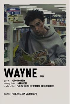 a young man reading a book in a library with the caption wayne on it