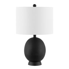 a black table lamp with a white shade