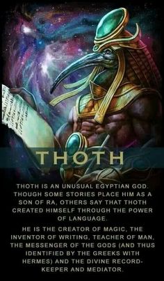 an image of the egyptian god thoth with text above it that reads, thou is an unusual egyptian god though some stories place him as a son of ra, others say that