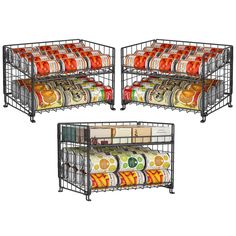 three metal storage racks filled with food items