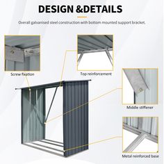 the details of an outdoor storage shed with metal roof and side walls, including sliding glass doors