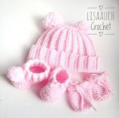 a crocheted hat and booties are shown