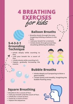 Info graphic talking about different breathing techniques to calm a hyper child naturally. Including Ballon Breaths, 5-4-3-2-1- Grounding Technique, Bubble Breaths, and Square Breathing. Different Breathing Techniques, Hyperactive Child, Discipline Tips, Counseling Techniques, Hyperactive Kids, Parasympathetic Nervous System