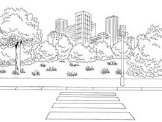 a black and white line drawing of a city park with trees, benches and street lights