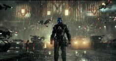 a man standing in the rain wearing a futuristic suit