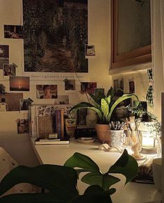 a desk with plants and pictures on the wall