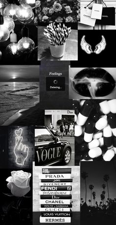 black and white collage with various items in the middle, including lights, signs, and palm trees