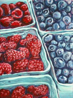 painting of blueberries and raspberries in glass containers