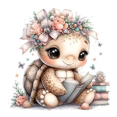 a cute little turtle with flowers on its head sitting next to books and holding a book