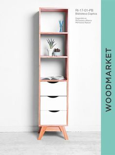 a book shelf with drawers and plants on top