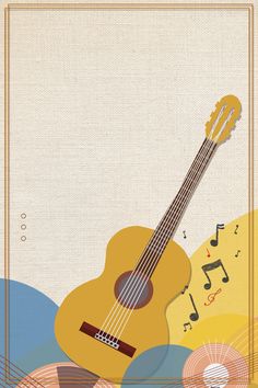 an acoustic guitar with musical notes on the back ground and behind it is a beige background