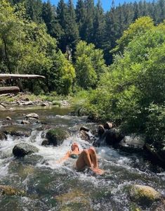 a person swimming in a river surrounded by trees