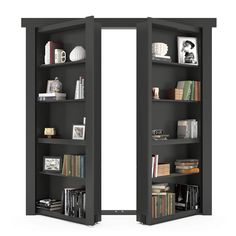 an open bookcase with several books on the shelves and one door opened to reveal another room