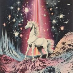 a white horse standing on top of a mountain under a sky filled with star dust