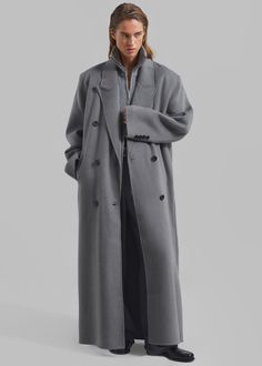 Color: Grey Midweight wool blend fabric Oversized silhouette Peak lapels Drop shoulders Welt hip pockets Double breasted front button closure Lined 80% Wool 20% Polyamide Dry Clean By The Frankie Shop. Imported Oversized Wool Coat, Oversized Trench Coat, Grey Maxi, Tailored Coat, The Frankie Shop, Winter Lookbook, Long Wool Coat, Frankie Shop, Maxi Coat