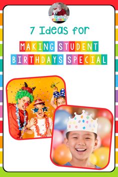 an advertisement for a birthday party with two children wearing crowns and balloons in the background