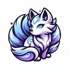 a white fox with blue eyes sitting in the middle of a circular design on a white background