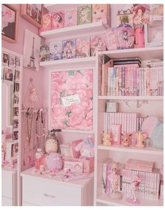 a room filled with lots of toys and books on top of white shelving units