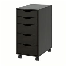 a black filing cabinet with four drawers on wheels