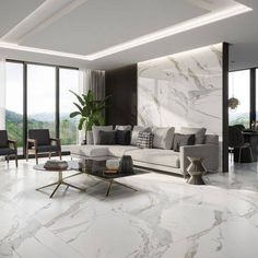 a living room with marble floors and walls