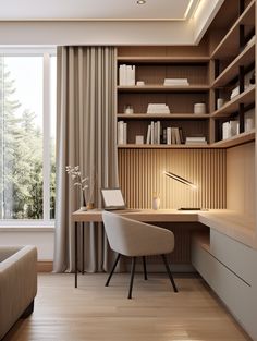 a room with a desk, chair and bookshelf next to a window in it