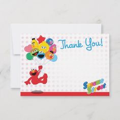 sesame street thank you card with balloons and characters on the front, in white background