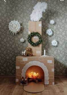 a room with a fireplace and decorations on the wall