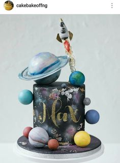 a space themed cake with planets on top