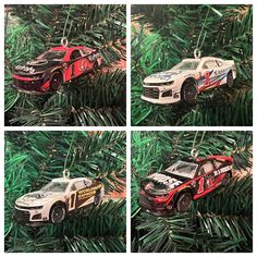 four pictures of toy cars hanging from a christmas tree