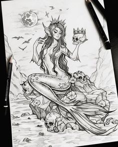 a drawing of a mermaid sitting on rocks with skulls in her hand and holding a skull