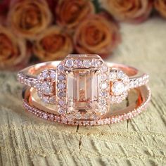 A perfect handmade Huge Sale 2.50 Carat 7x5mm Emerald Cut Morganite and Diamond Moissanite Halo Bridal Wedding Ring Set Designer Style with 18k Gold Plating in 925 Silver with Rose Gold Plating affordable morganite and moissanite Diamond Moissanite bridal ring set Halo Style. Peach Pink Morganite is true of character, the vibrant hues reminiscent of the radiant sunset.Inspired by the true harmony of love, the delicate design of the Engagement Ring in 925 Silver with Rose Gold Plating has been en Radiant Cut Morganite Wedding Jewelry, Gia Certified Rose Gold Wedding Diamond Ring, Rose Gold Gia Certified Wedding Jewelry, Rose Gold Gia Certified Jewelry For Wedding, Morganite Rings Gia Certified For Anniversary, Morganite Radiant Cut Jewelry For Anniversary, Wedding Baguette Cut Topaz Ring With Accent Stones, Radiant Cut Topaz Ring For Wedding, Wedding Emerald Cut Topaz Ring In Fine Jewelry Style