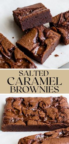 salted caramel brownies are cut into squares and stacked on top of each other