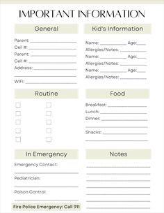 a printable emergency information form with the words,'important information'on it