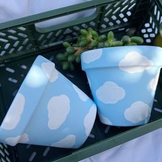 two blue pots with white clouds painted on them