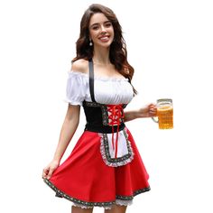 PRICES MAY VARY. 🧵 FEATURE: Featuring a white Smocked cold shoulder tops, a black halter corset, and a red skirt, this dirndl dress has a classic yet trendy look that will make you stand out in the crowd. 💗 VERSATILE: Ideal for Oktoberfest, carnival, cosplay, and other festive occasions, this dirndl dress can also be worn as a fun and stylish costume or party dress. From the cute halter to the elegant lace apron, this dirndl dress is designed with attention to detail and craftsmanship to ensur Oktoberfest Costume Women, Bavarian Dress, German Dress Dirndl, Halter Corset, Oktoberfest Costume, Lace Apron, German Dress, Cold Shoulder Tops, Oktoberfest Outfit