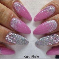 American Nails, Pink Nail Art, Pretty Nail Art Designs, Rose Nails, Pink And Silver, Silver Nails, Gel Nail Designs, Glitter Nail Art, Rhinestone Nails