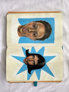 an open book with pictures of two men on it's pages and one has a blue star in the middle