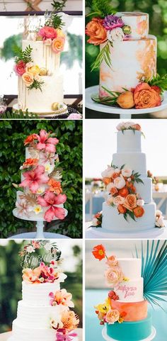 wedding cakes with flowers and greenery on the top, bottom, and bottom tiers