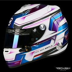 the helmet is designed to look like it has been painted purple, blue and white