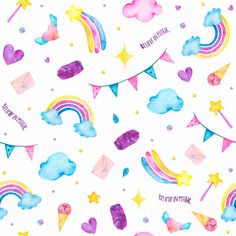 watercolor seamless pattern with rainbows, clouds and kites on white background