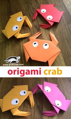 an origami crab made out of paper on top of a wooden table with the words, origami crab