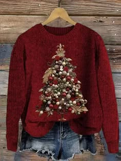 Women's Winter Christmas Tree Casual Long Sleeve Crew Neck Knitted Sweater Womens Christmas Sweaters, Festive Christmas Outfit, Christmas Sweater Pattern, Winter Vision Board, Christmas Sweater Outfits, Winter Christmas Tree, Trendy Christmas Outfits, Diy Ugly Christmas Sweater, Sweatshirt Makeover