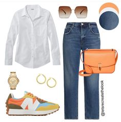 Jean Friday Outfits Work Summer, Orange And Denim Outfits, Casual Orange Summer Jeans, Summer Workwear Ankle-length Jeans, Tuesday Outfit Work, Friday Jeans Outfit Work, Spring Ankle-length Denim Jeans, Friday Outfit For Work, Street Style Outfits Casual