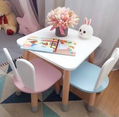 a table with two chairs and a stuffed animal