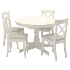 a white table and four chairs with one chair on the other side, in front of a white background