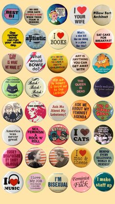 many different types of buttons on a yellow background with the words i love my wife